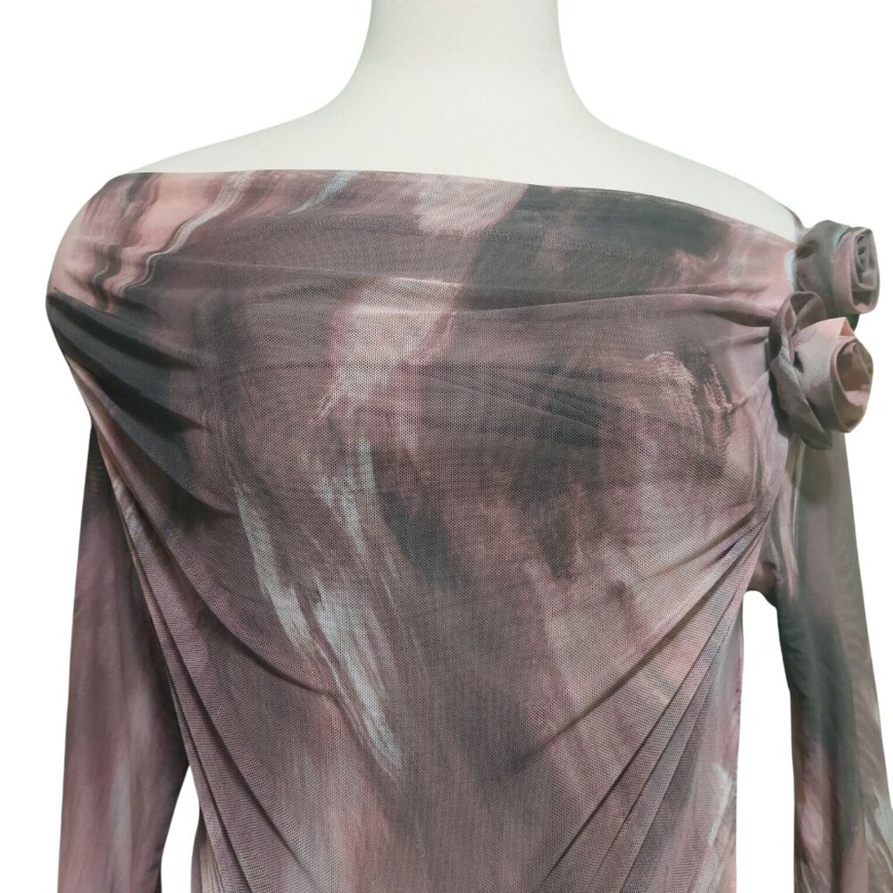 NWT Commense Women's Pink/Mauve Long Sleeve Ruched Mesh Dress W/ Rosette's Large - Picture 10 of 12